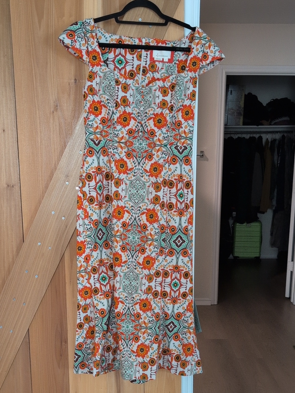 Anthropologie Floral Tile-Print Midi Dress in Orange and Green